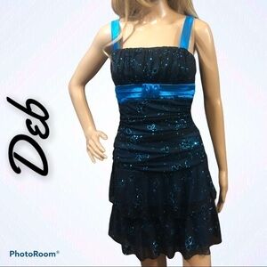Deb black & blue sequin party dress.